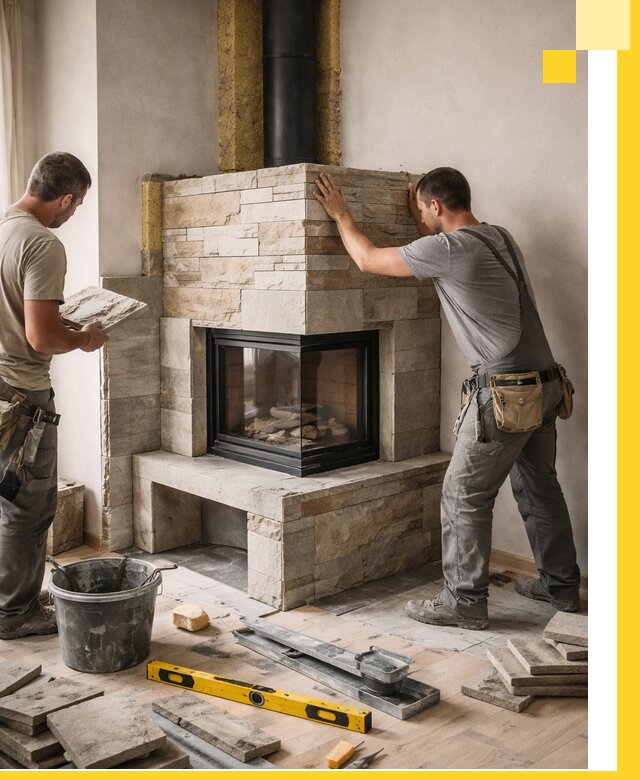 Угловые камины под ключ проект, монтаж и отделка в Железногорске